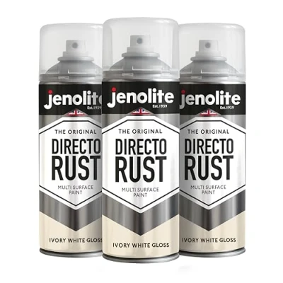 Image of JENOLITE Directorust Gloss Spray Paint IVORY WHITE 3 x 400ml Direct To Rust For Metal Multi Surface Wood, Metal, Plastic, Ceramic RAL 1013
