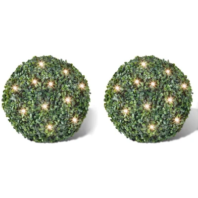 Image of vidaXL 2x Topiary Ball 35cm Artificial Leaf with Solar LED String Fake Plant