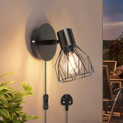 Image of Kimjo Plug in Wall Lights for Bedroom Light Lamp with Switch and Cable Lighting Fixtures 350 Rotatable Sconce E14 Black Living Room No Bulb