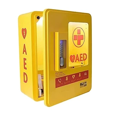 Image of Reliance Medical AED Alarmed Outdoor Heated Metal Cabinet Compatible with All AED&#039;s, Digital Temperature Display, Wall Mountable (Yellow, External Dimensions: 50cmH x 40cmW 22cmD)