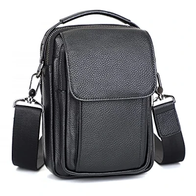 Image of Augus Leather Small Messenger Bag for Men Crossbody Handbag Shoulder Sling Travel Bags Purse Daypack Magnetic Buckle, Black,