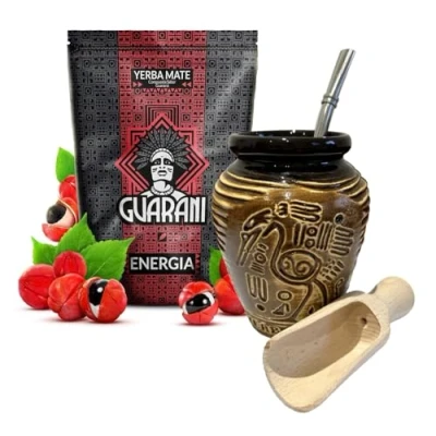 Image of GUARANI Yerba Mate Tea Set Natural Strong ENERGY Drink Complete Begginer&#039;s Kit Booster+GUARANA 500gCeramic Bird Cup Gourd 300mlStainless Bombilla