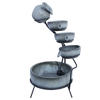 Image of Water Feature Garden Fountain Solar Powered Outdoor Cascade Ornament Decor Patio Resin Grey Freestanding Cascading 4 Tier Spilling Bowls Aquatic Cleaner