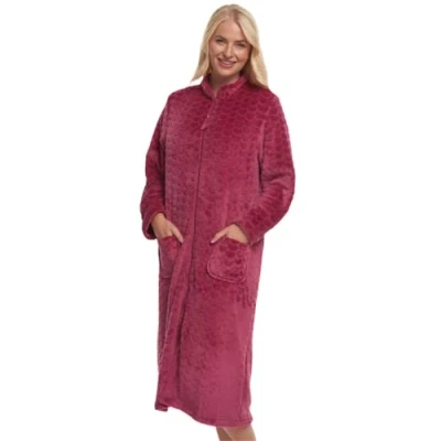 Image of Suzy &amp; Me Ladies Zip Front Soft Embossed Fleece Dressing Gown (UK, Numeric, 8, 10, Regular, RASPBERRY)