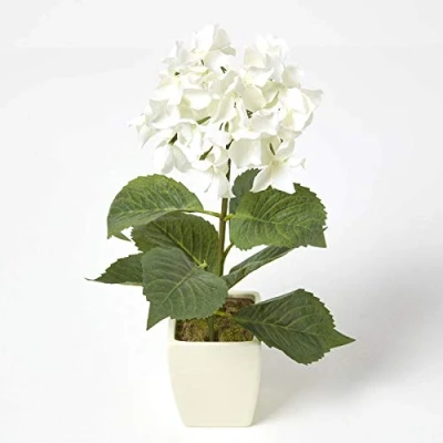 Image of HOMESCAPES Cream Hydrangea Artificial Plant in Mat Pot, 38cm tall Indoor Faux Flower