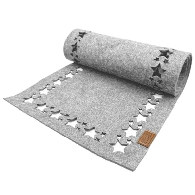 Image of Miqio Design Felt Table Runner Stars Winter 150 x 40 cm Washable 0ekotex Fabric with Genuine Leather Label Cloth Christmas Light Grey