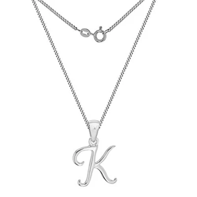 Image of Tuscany Silver Women&#039;s Sterling Rhodium Plated Diamond Initial &#039;K&#039; Pendant on Curb Chain of 46cm/18&quot;
