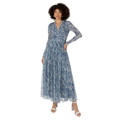 Image of Anaya with Love Women&#039;s Midaxi Dress Ladies V Neck Wrap Long Sleeves Floral Sequin Embellished for Wedding Guest Party Occasion Evening Blue 18