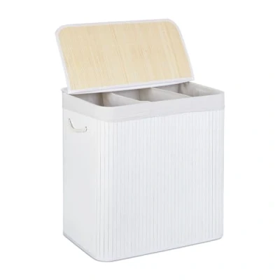 Image of Relaxdays Bamboo Laundry, Clothes Container, 3 Compartments, Folding, Rectangular Basket, 62x62.5x42.5cm, White