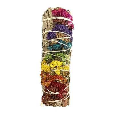 Image of Sage Smudge Stick 4&quot; (White and 7 Chakra Flowers 4&quot;)