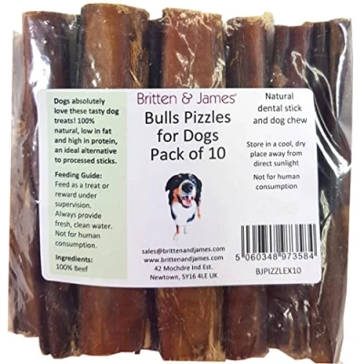 Image of Britten &amp; James 10 Thick Bulls Pizzles for Dogs (12cm length) Bully Stick, Natural Dental Stick and Dog Chew. Hypoallergenic, Grain Free Long Lasting Treat