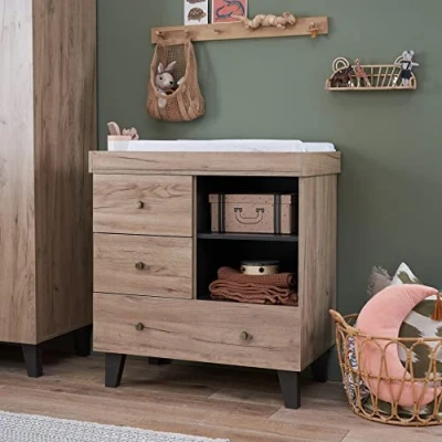 Image of Tutti Bambini Como Chest Changer 2 Half Width &amp; 1 Full Drawers, Adjustable Inner Shelf, Brushed Metallic Knobs, Removable Changing Top H93.5 x D50 W88 cm Distressed Oak/Slate Grey