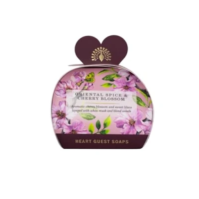 Image of The English Soap Company Packed Guest Soaps, Sandalwood Shea Butter Heart Shaped Moisturising Soaps for Face and Body, Oriental Spice Cherry Blossom Scent 3 x 20g