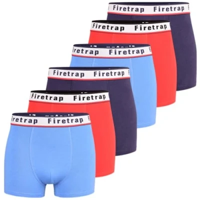 Image of Firetrap Mens 6 Pack Designer Boxer Shorts, Underwear Gift Set Trunks Comfortable Stretch Cotton Plain Colours Briefs Sky, Navy, Red S