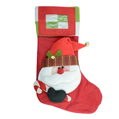 Image of SHATCHI 5320 Large 50 cm Long Traditional Personalised 3D Santa Stocking Sack Socks Gifts Bag Face and Bell with Photo Pocket Xmas Home Toys Sweets Fun Hand Decorated, Felt, red