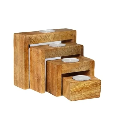 Image of Mango Wood Nesting Tea Light Holders Set Of 4 Rustic Wooden Blocks With Candles
