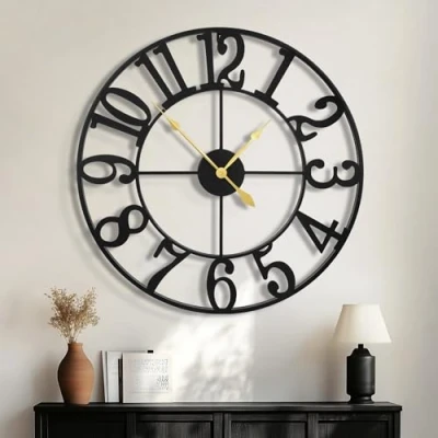 Image of HAITANG Modern Large Wall Clocks for Living Room, 60cm / 24 Inches Round Black Metal Silent Non Ticking Battery Operated Roman Numerals Clock Bedroom,Kitchen,Office,Classroom Home Decor