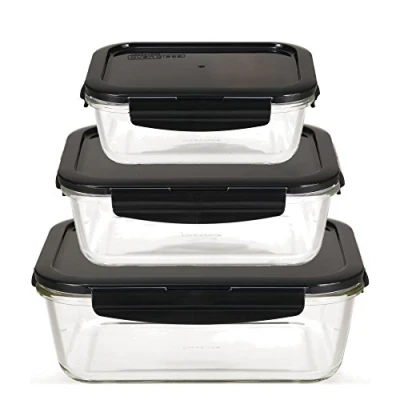Image of LOCK &amp; Food storage container, Borosilicate Glass, black, 3er Set Eckig Groß