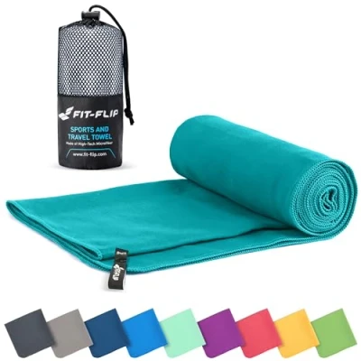 Image of Fit Flip Microfibre towel compact, ultra lightweight &amp; quick dry the perfect gym, travel beach swimming for sports, camping hiking (1x 40x80cm petrol + 1 bag)