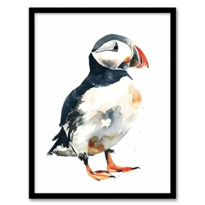 Image of Artery8 Single Cute Puffin Bird Watercolour Portrait Living Room Artwork Framed Wall Art Print 18X24 Inch