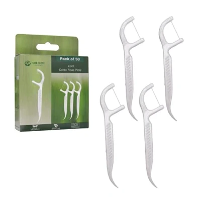 Image of Biodegradable Dental Tooth Floss Picks Vegan Corn Starch Harps for Healthy Gums and Fresh Breath Sticks Eco Friendly (50 Count) by Pure Earth Essentials