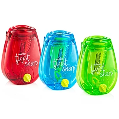 Image of Bostitch Office Pencil Sharpener Twist N Sharp Colored Manual Small Sharpeners Hand Held, 3 Pack, Covered, Lime Green, Blue and Red Color Portable Handheld with Cover, PS1 ADJ X3
