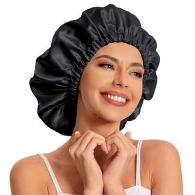 Image of Satin Bonnet Silk Hair for Sleeping Slouchy Beanie Hat Sleep Cap Women&#039;s Natural &amp; Curly Hair(Blue Zircon)