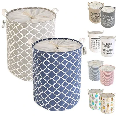Image of LessMo 2 Pcs 19.7&quot; Laundry Basket, Foldable Basket Storage Sorter, Drawstring Waterproof Closure for Dust proof, Room, Large Cotton and Linen Fabric