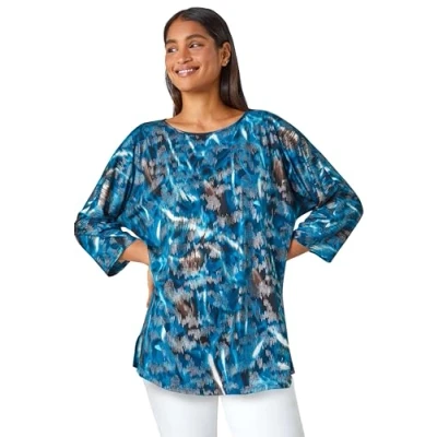 Image of Roman Womens Metallic Abstract Print Oversized T Shirt Blue Size 14 UK