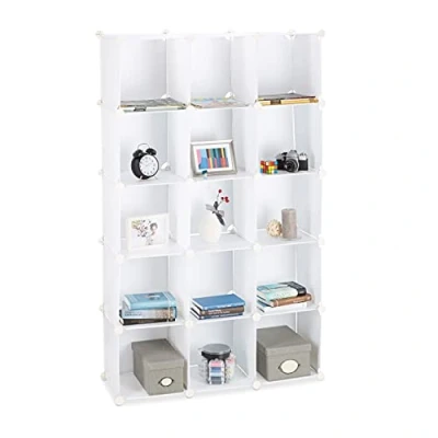 Image of Relaxdays Modular Plastic Shelf, Expandable Shelving System, 15 Durable Compartments, Individual Standing White