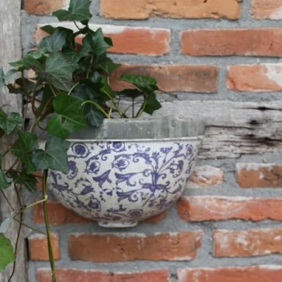 Image of Aged Ceramic Blue &amp; White Garden Flower Wall Planter by Fallen Fruits