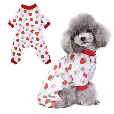 Image of Zunea Small Dog Pyjamas Puppy Girl Pjs Overalls Clothes Soft Cotton Pet Cat Pajamas Outfits with Legs Chihuahua Sleeping Jumpsuit Cute Strawberry Printed Doggie Apparel Red XS