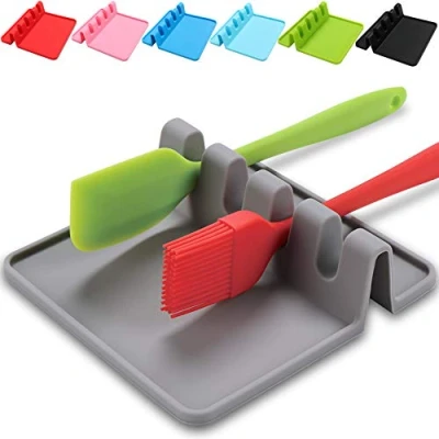 Image of Spoon Holder,Silicone Rest Kitchen,Tea Teabag Dish,Teaspoon Rest,Silicone Cooking Utensil with Drip Pad,Heat Resistant Kitchen Holder for Spoons, Ladles, Tongs,Spatula(Gray)