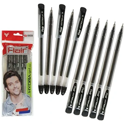 Image of FLAIR Hydra 10 x 0.5mm Tip BLACK Gel Pens Easy Grip Smooth Writing Office School
