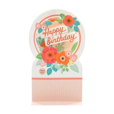 Image of Hallmark Birthday Card, 3D Design, Pop Up Musical, Motion, Snow Globe, Pink Confetti, Snow, Florals, Flowers, Pink, Orange, Blue