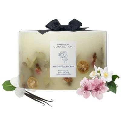 Image of French Connection Botanical Infused Scented Pillar Candle Real Dried Botanicals Vegetable Wax Blend 5% Fragrance Oil Long Lasting Home Gift, (Large, Cherry Blossom &amp; Rose)