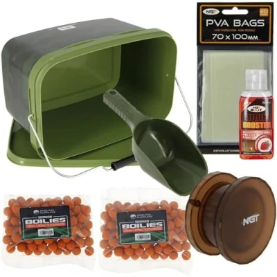 Image of DNA Leisure Bait Storage Camo Bucket 5L Spoon Boilies Hand Held Grinder PVA Bags &amp; Liquid Booster for Carp Fishing