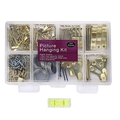 Image of Picture Hangers, Hanging Kit, 225pcs Heavy Duty Frame Hooks Hardware with Nails, Wire, Screw Eyes, D Ring and Sawtooth for Wall Mounting