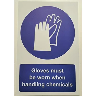 Image of Gloves Must be Worn When handling Chemicals Safety Sign Self Adhesive Sticker (200mm x 150mm)