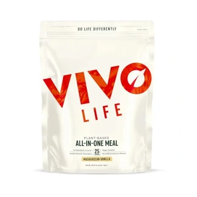 Image of Vivo life Vegan All in One Meal Replacement Shake with 21g Protein, Multivitamins &amp; Minerals, Gut Friendly Bacteria Electrolytes 1kg, 25 Servings, Vanilla