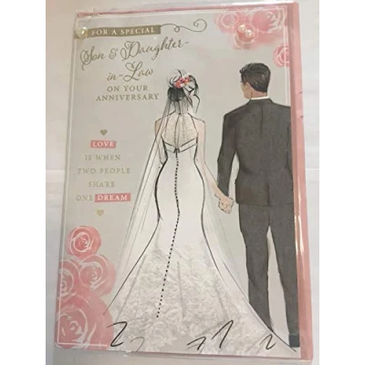 Image of For A Special Son &amp; Daughter In Law On Your Anniversary Wedding Card Grey/Pink Bride+Groom Pearls/Glitter/Foil Detail(PRELUDE45569)