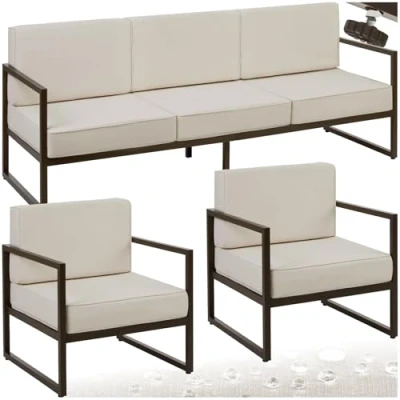 Image of TecTake® Garden Furniture Set in Minimalist Design, Incl. 3 Seater Sofa &amp; 2 Chairs with Thick Cushions, Robust Steel Frames Water Repellent Covers, Outdoor for Patio