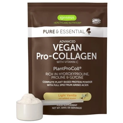 Image of Vegan Collagen Powder, Natural Vanilla Flavour, Plant Based Peptide Protein Supplement, 21 Amino Acids &amp; Vitamin C, Complete Boosting Formula, Mix into Drinks or Food, 35 Servings, by Igennus
