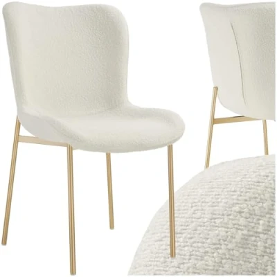 Image of TecTake® Bouclé Chair in Scandi Style with Foam Padding, Ergonomic Seat &amp; Backrest, Gold Steel Legs, Non Slip Caps 120kg Capacity, Easy Assembly Ideal Living Room, Bedroom Dining White