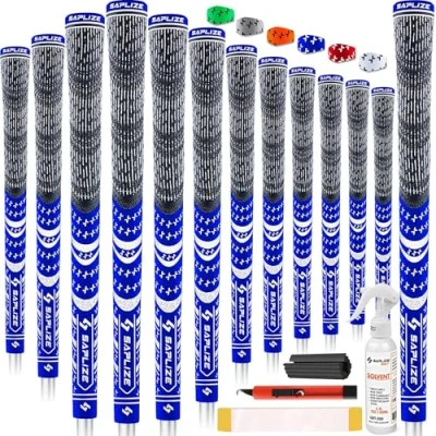 Image of SAPLIZE Golf Grips 13 Piece with Complete Regripping Kit, Midsize, Cord Rubber, Hybrid Club Grips, Blue