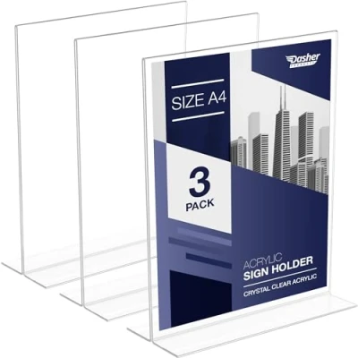 Image of Acrylic Sign Holder A4 T Shape Table Top Display Stand, Double Sided, Bottom Load, Portrait Style Menu Ad Frame. Perfect for Restaurants, Promotions, Photo Frames, Classroom (A4 3 Pack)