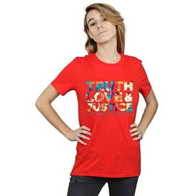 Image of DC Comics Women&#039;s Wonder Woman 84 Diana Truth Love Justice Boyfriend Fit T Shirt Red Large