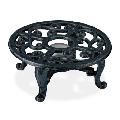 Image of Relaxdays Teapot Warmer, Tea &amp; Coffee Pots, Cast Iron, Antique Design, Rustic, Tealight Insert, 7.5 x 17 cm, Grey