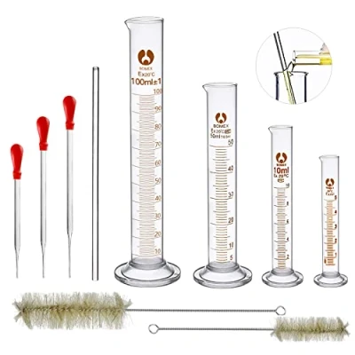 Image of 4pcs Glass Graduated Cylinder 5ml, 10ml, 50ml, 100ml for Pharmacy, Perfume, Laboratory, Hospital, Chemistry with 3 Dropper 8 * 90mm,8 100mm,8 120mm + 2 Cleaning Brush 1 Rod