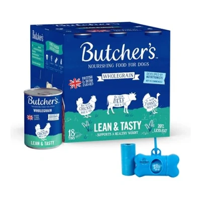 Image of Butcher&#039;s Wholegrain Lean &amp; Tasty Tins 18 x 390g With Dog Poop Bag Dispenser